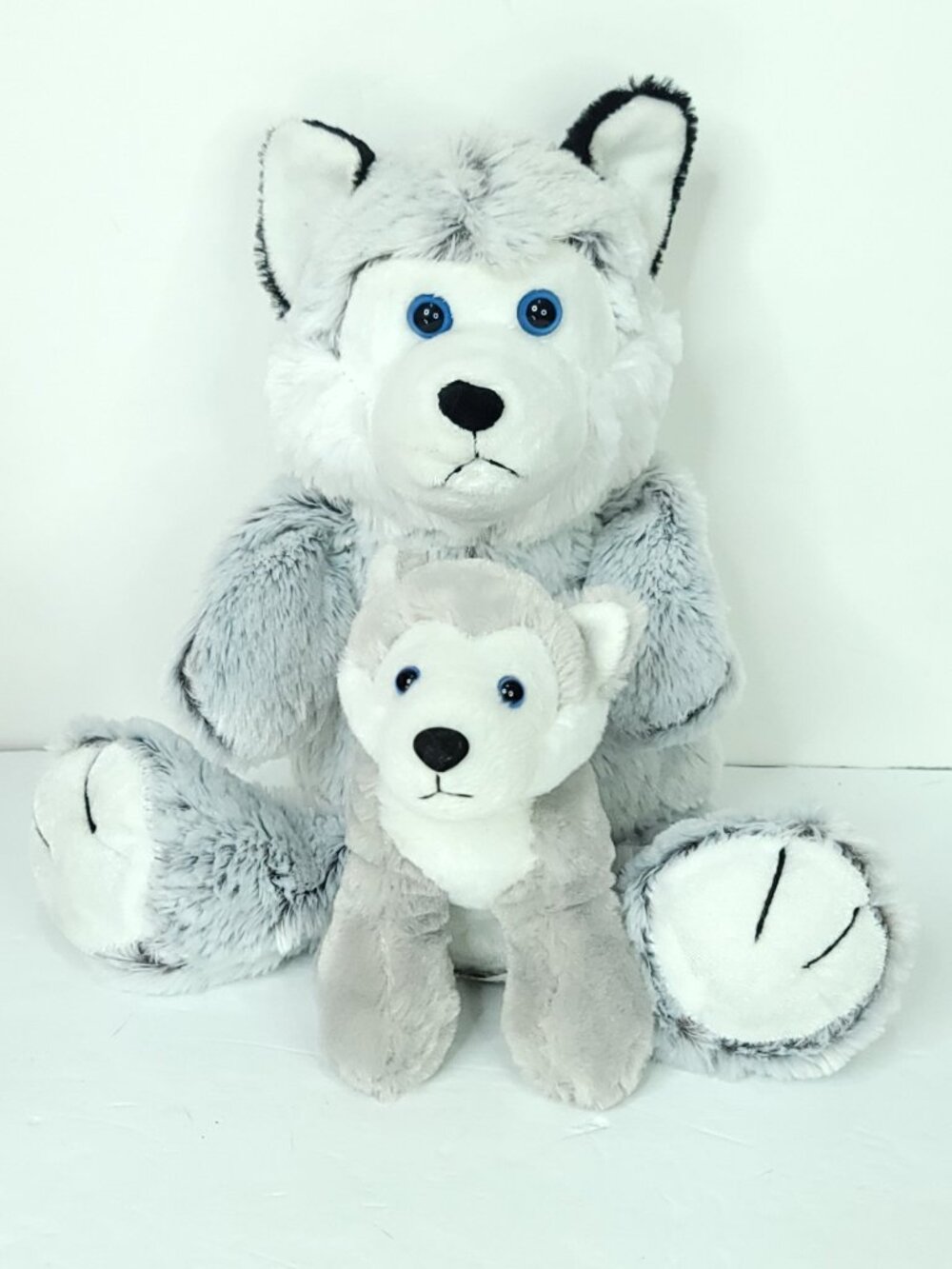 Lot of 2 Husky Puppy Dog And Baby Plush Stuffed Animal Gray White KellyToy 14"